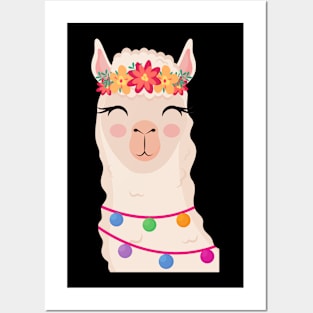 Floral Crown Llama Red and orange Flowers Posters and Art